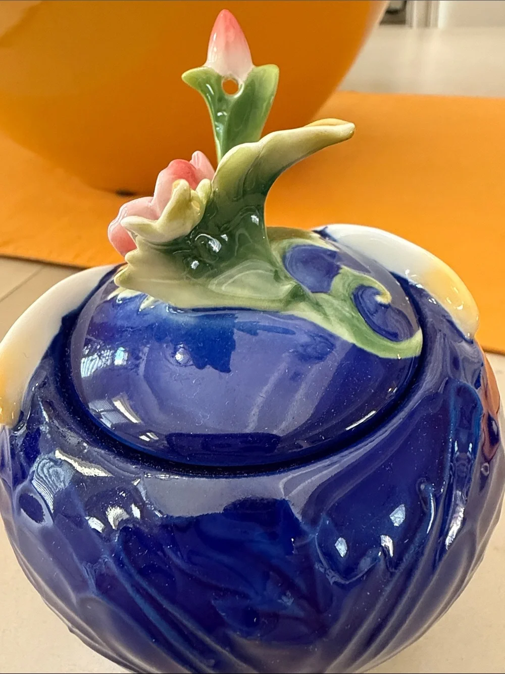 Pier 1 Blue Floral Ceramic Bowl with Pink Flower Chip Rest and Blue Spoon